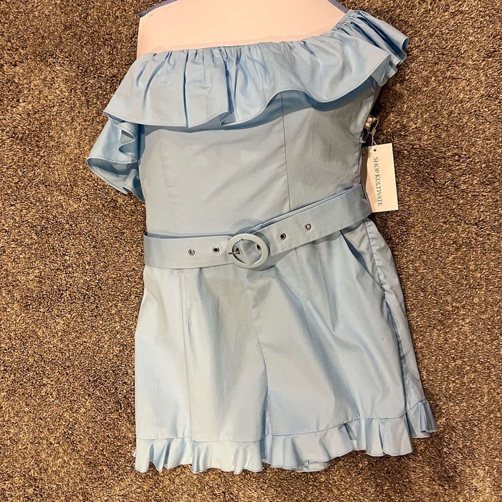 Light Blue Off-Shoulder Ruffle Jumpsuit - Picture 2 of 4
